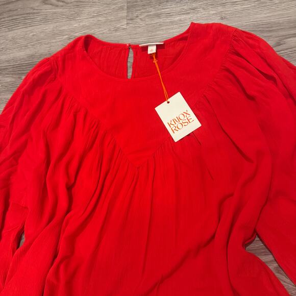 Knox Rose Red Boho Peasant Blouse 3X Plus Size Flowy Long Puff Sleeves Cottage - Picture 3 of 7